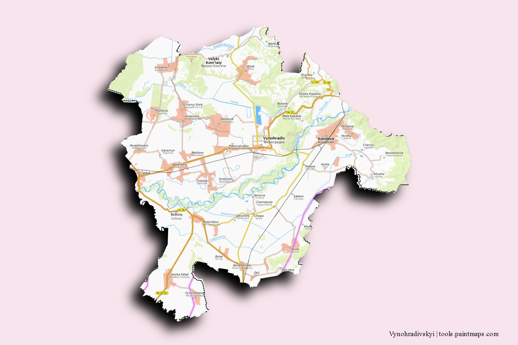 Mapa de barrios y pueblos de Vynohradivskyi con efecto de sombra 3D