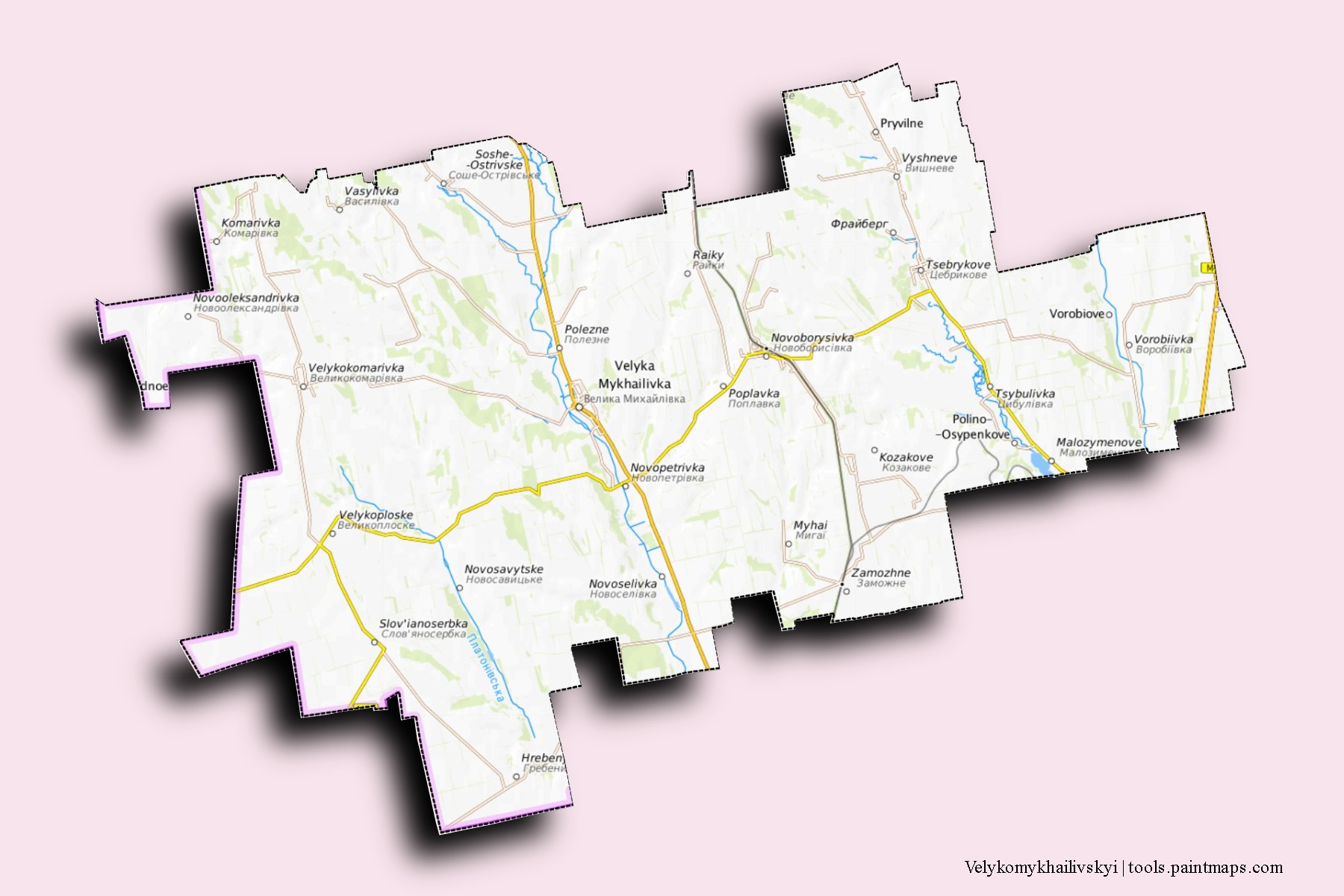 Mapa de barrios y pueblos de Velykomykhailivskyi con efecto de sombra 3D