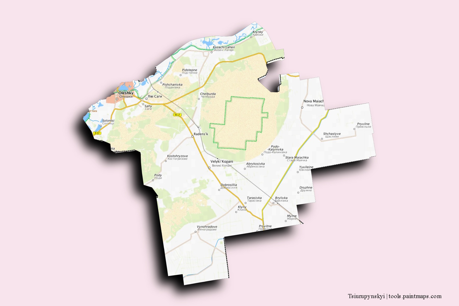 Mapa de barrios y pueblos de Tsiurupynskyi con efecto de sombra 3D