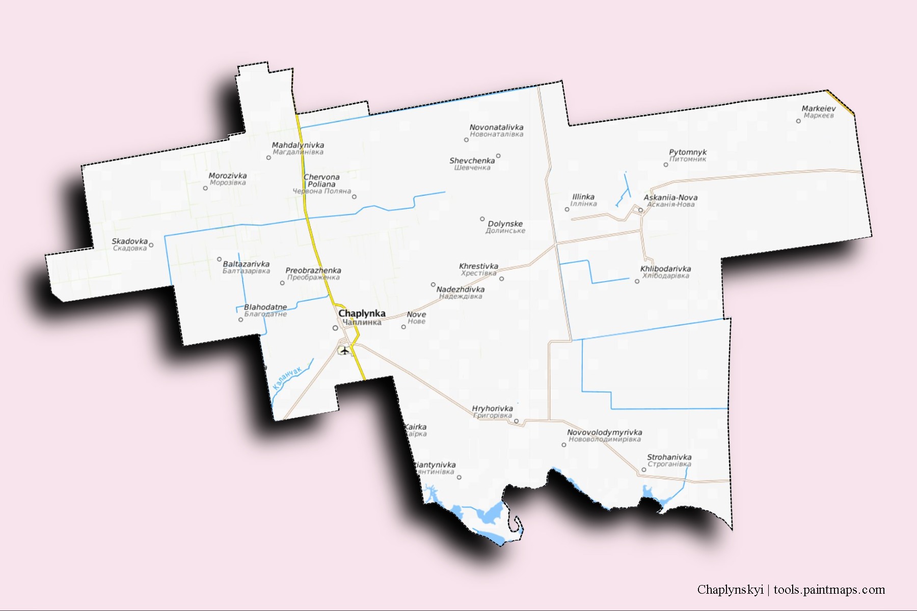 Mapa de barrios y pueblos de Chaplynskyi con efecto de sombra 3D