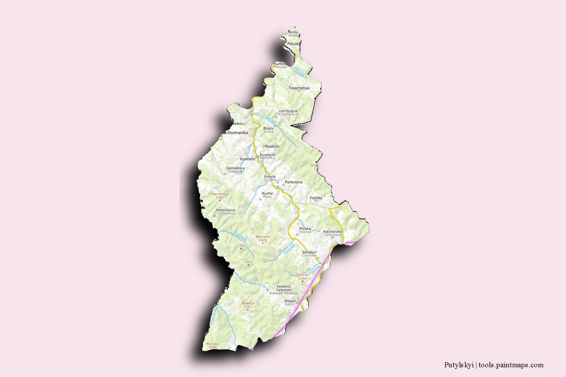 Mapa de barrios y pueblos de Putylskyi con efecto de sombra 3D