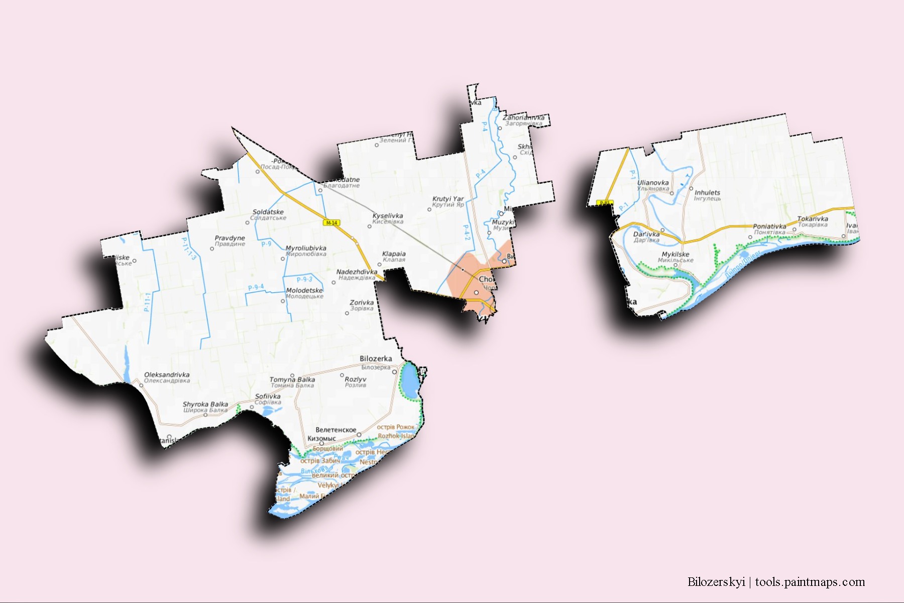 3D gölge efektli Bilozerskyi mahalleleri ve köyleri haritası