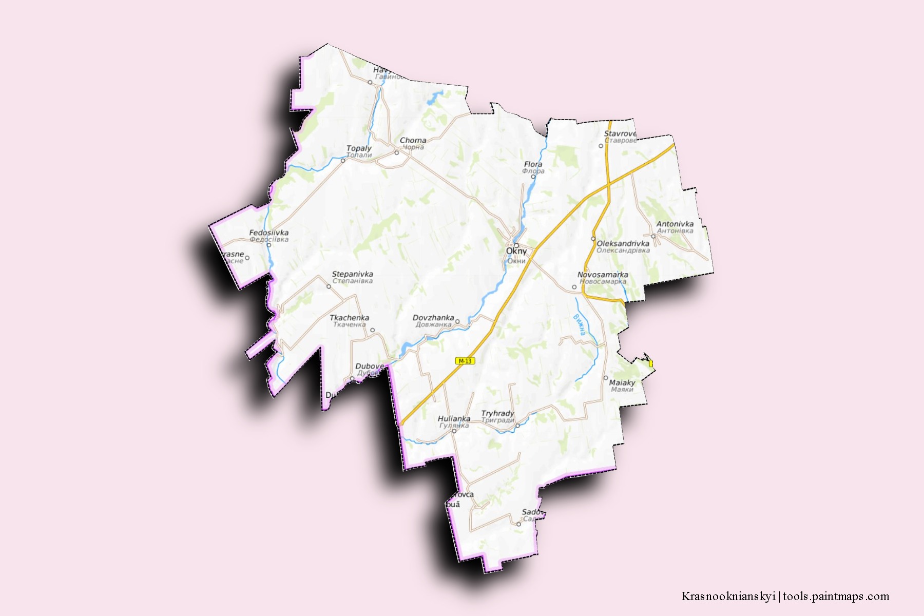 Mapa de barrios y pueblos de Krasnooknianskyi con efecto de sombra 3D