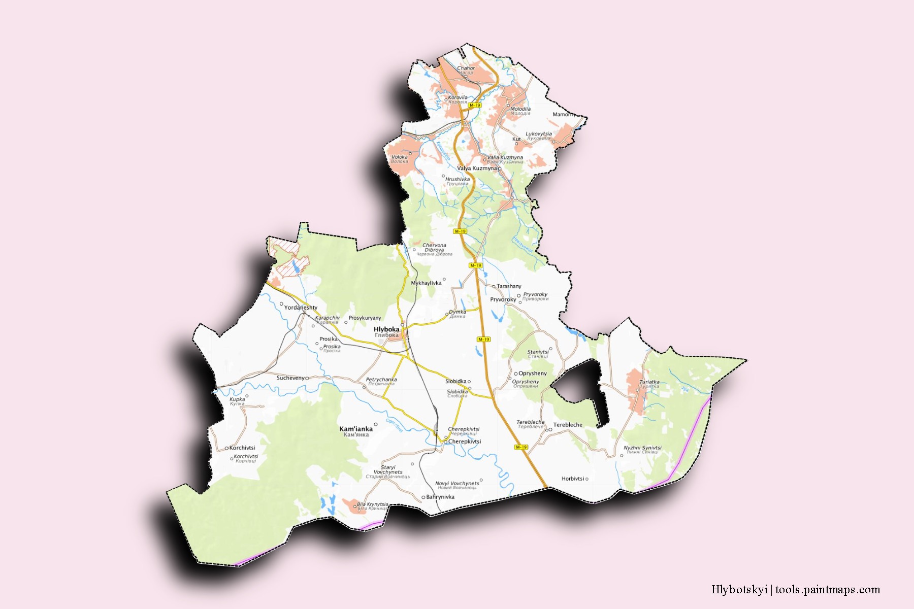 Mapa de barrios y pueblos de Hlybotskyi con efecto de sombra 3D