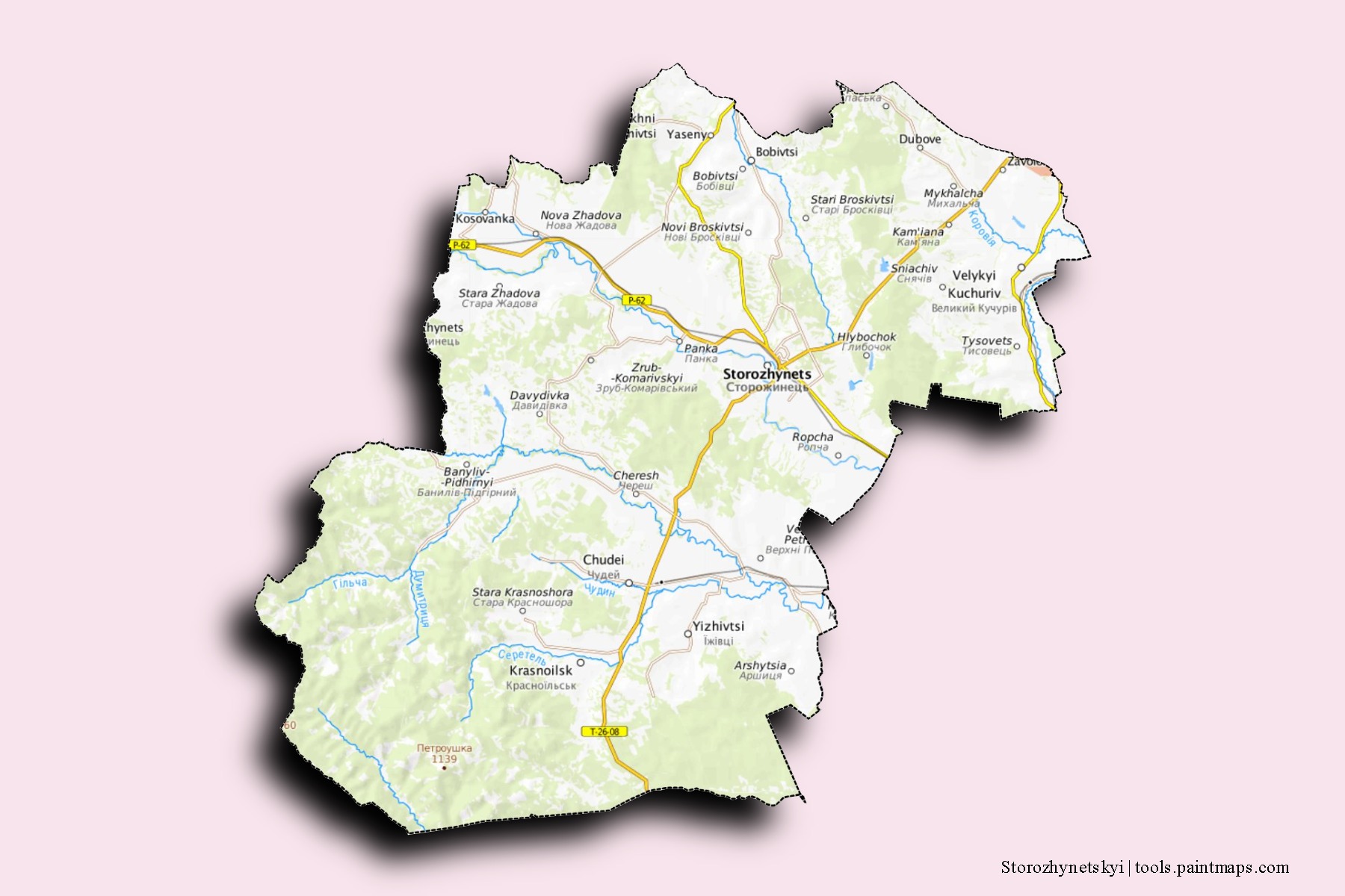 Mapa de barrios y pueblos de Storozhynetskyi con efecto de sombra 3D