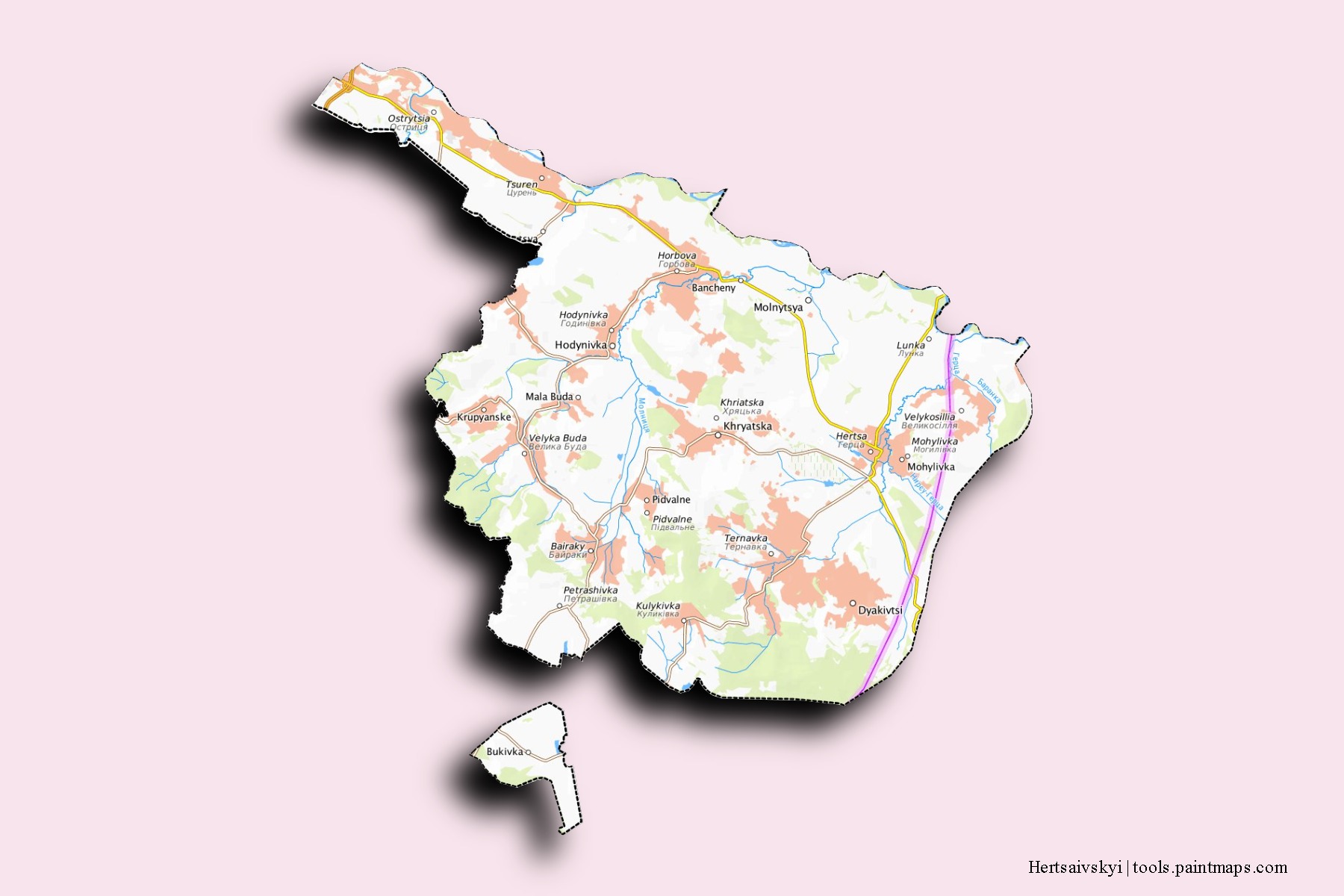 Mapa de barrios y pueblos de Hertsaivskyi con efecto de sombra 3D