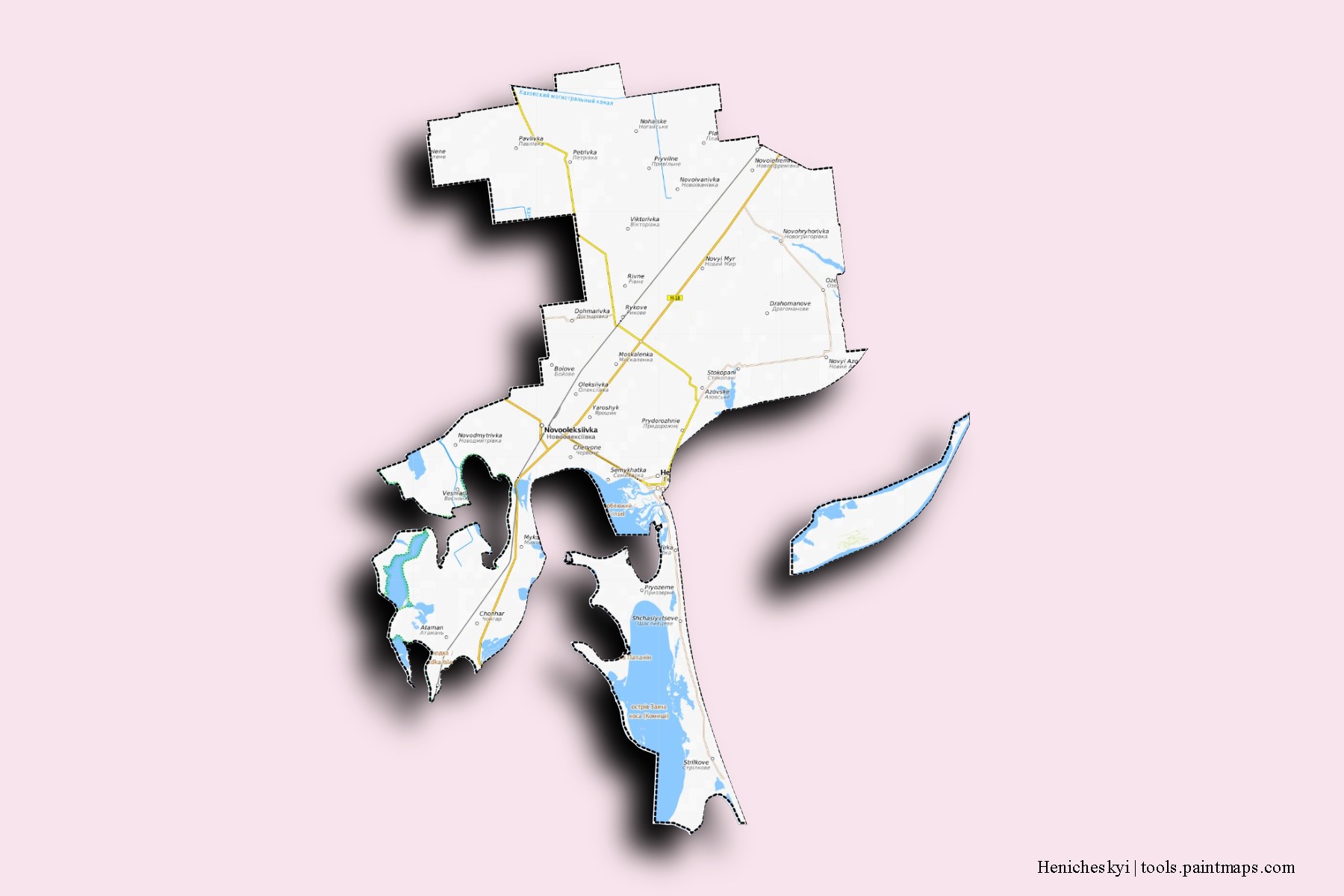 Mapa de barrios y pueblos de Henicheskyi con efecto de sombra 3D