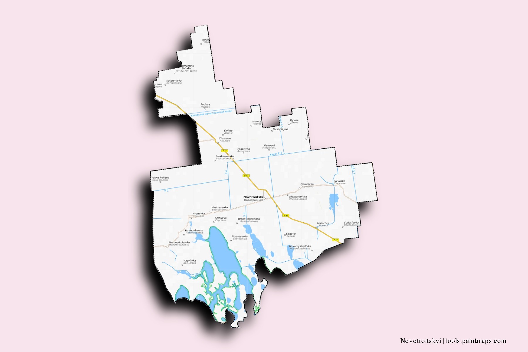 Mapa de barrios y pueblos de Novotroitskyi con efecto de sombra 3D