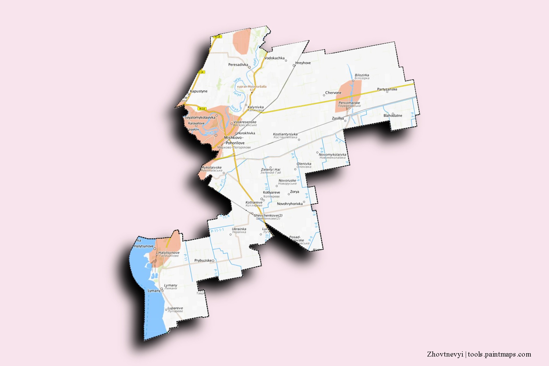 Mapa de barrios y pueblos de Zhovtnevyi con efecto de sombra 3D