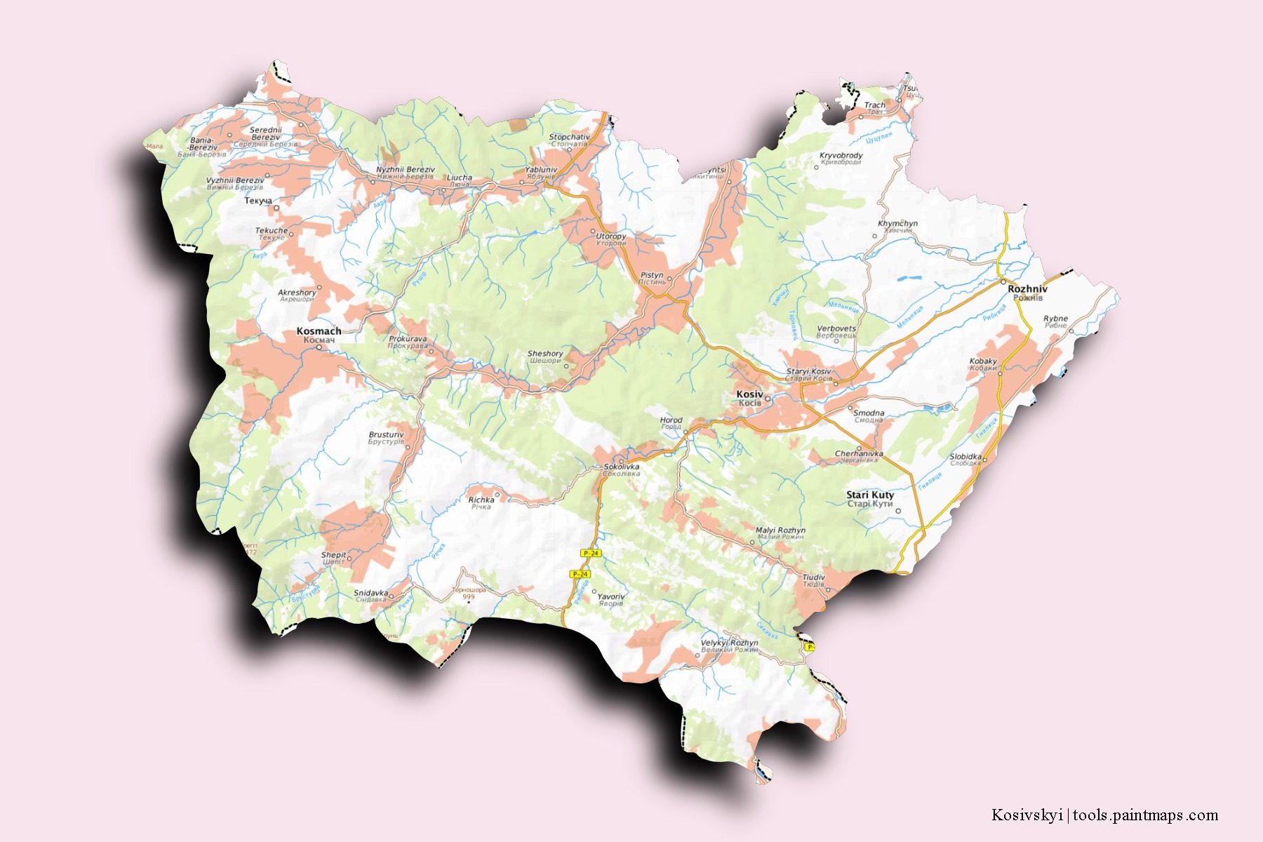 Mapa de barrios y pueblos de Kosivskyi con efecto de sombra 3D