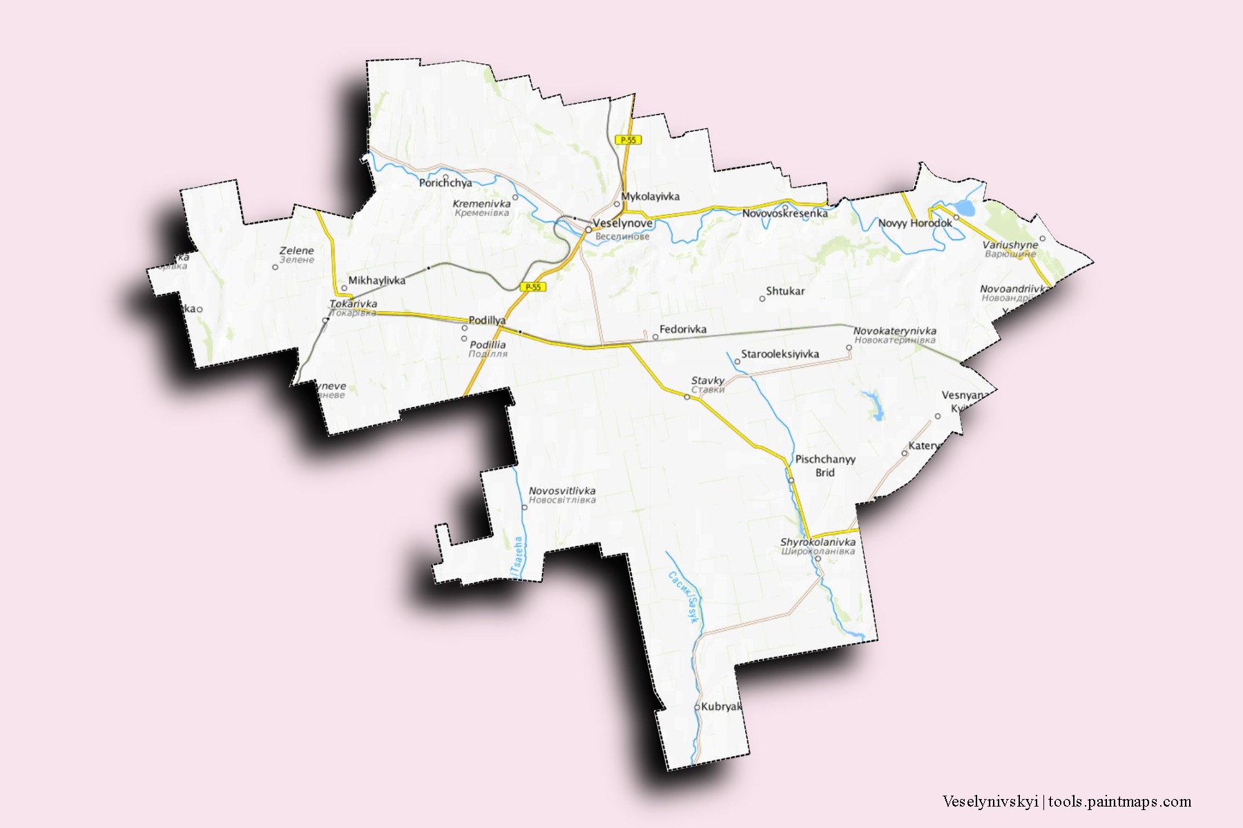 Mapa de barrios y pueblos de Veselynivskyi con efecto de sombra 3D