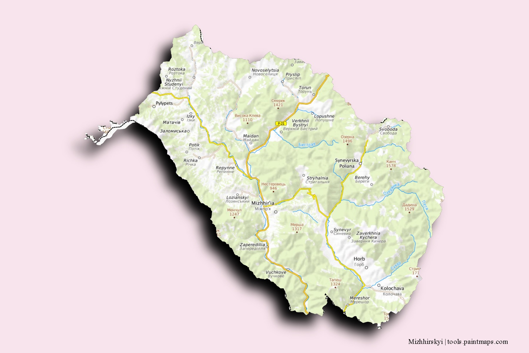 Mapa de barrios y pueblos de Mizhhirskyi con efecto de sombra 3D