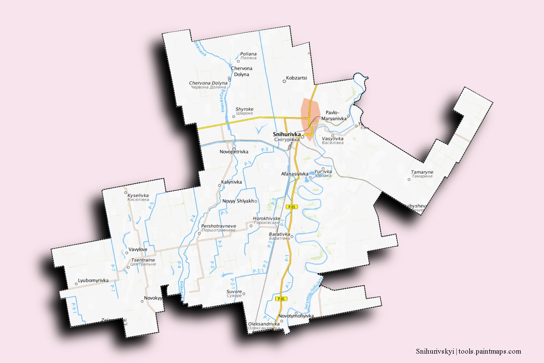 Snihurivs'kyi neighborhoods and villages map with 3D shadow effect