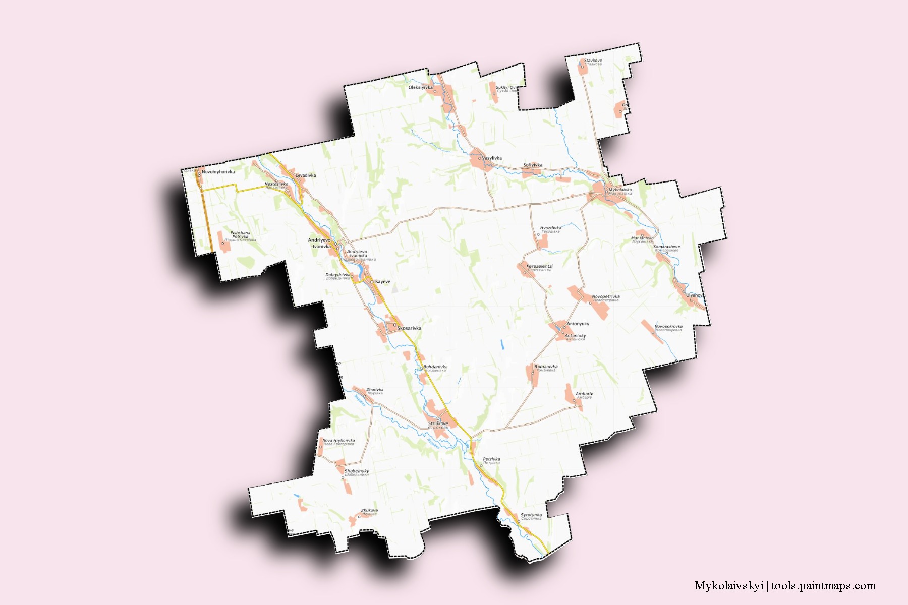 Mapa de barrios y pueblos de Mykolaivskyi con efecto de sombra 3D