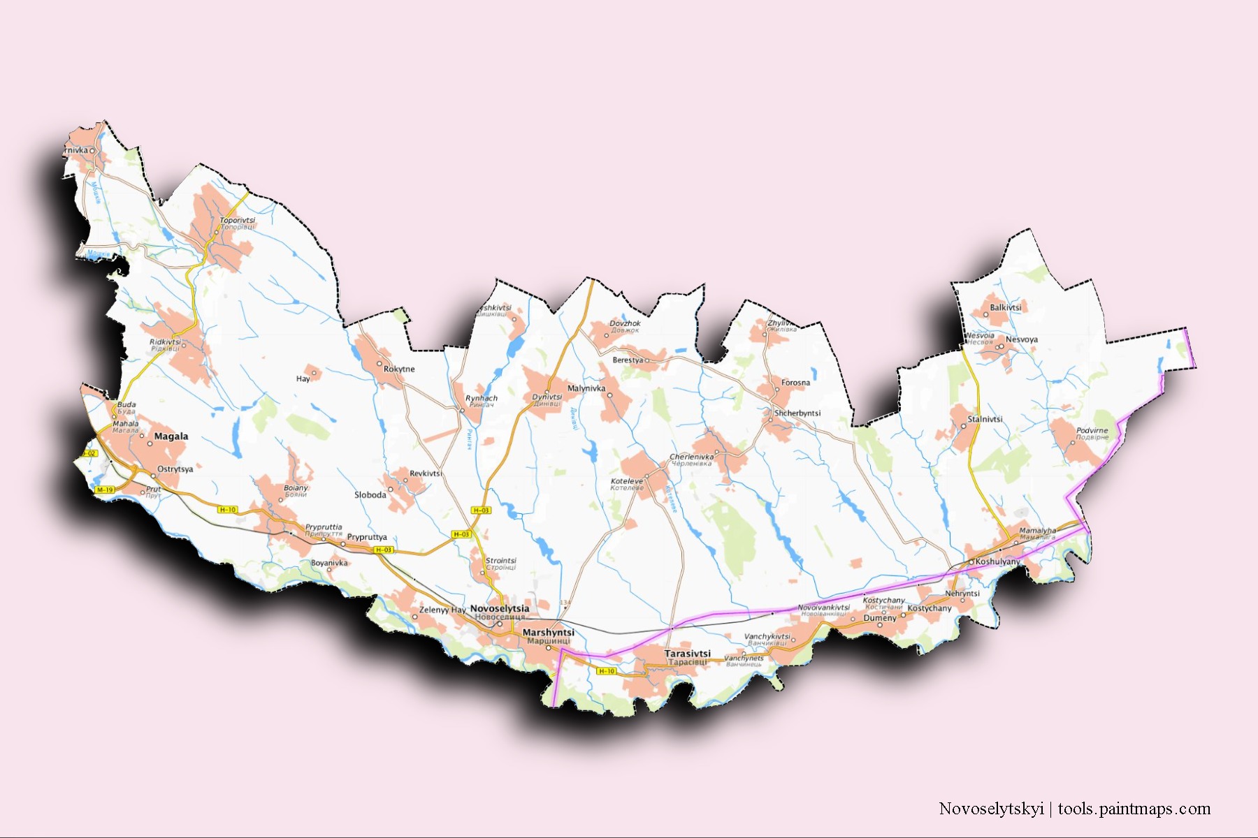 Mapa de barrios y pueblos de Novoselytskyi con efecto de sombra 3D