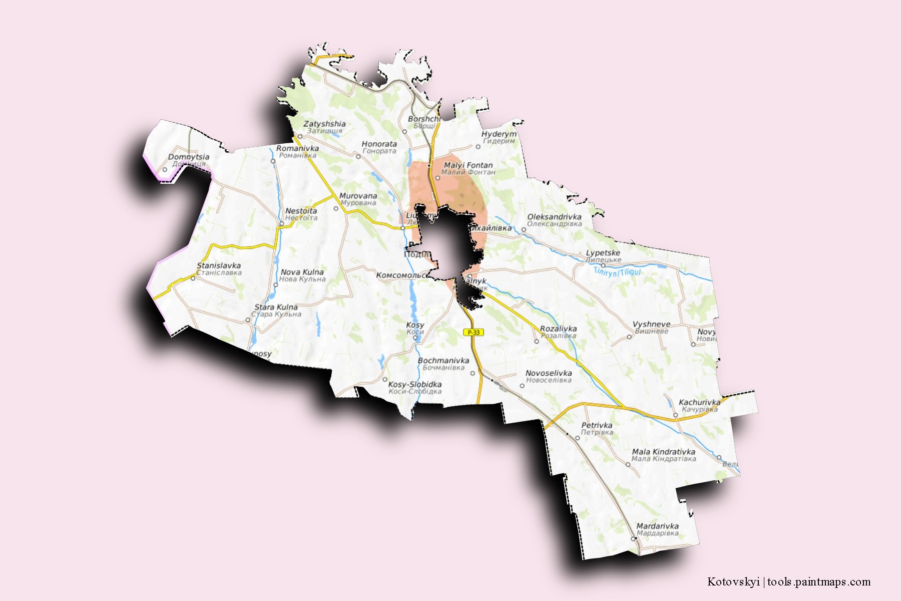 Mapa de barrios y pueblos de Kotovskyi con efecto de sombra 3D