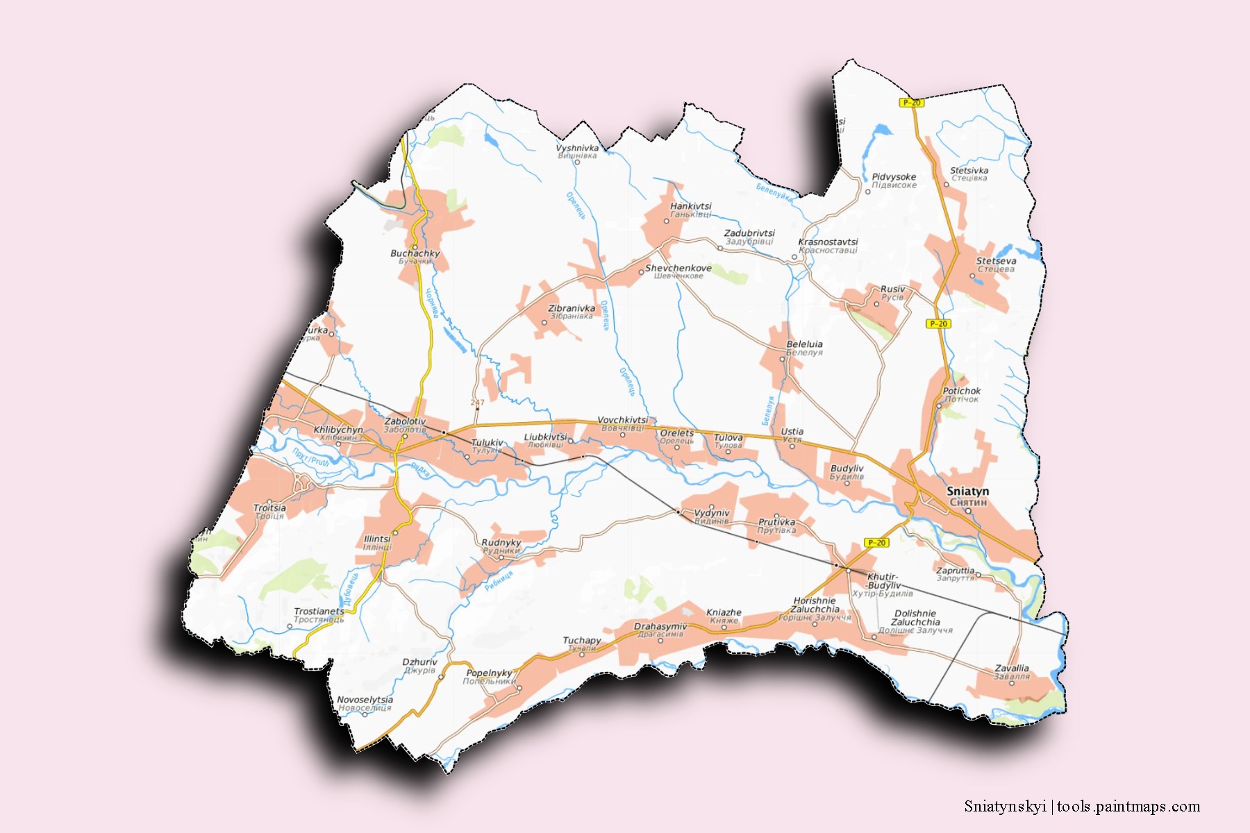 Mapa de barrios y pueblos de Sniatynskyi con efecto de sombra 3D