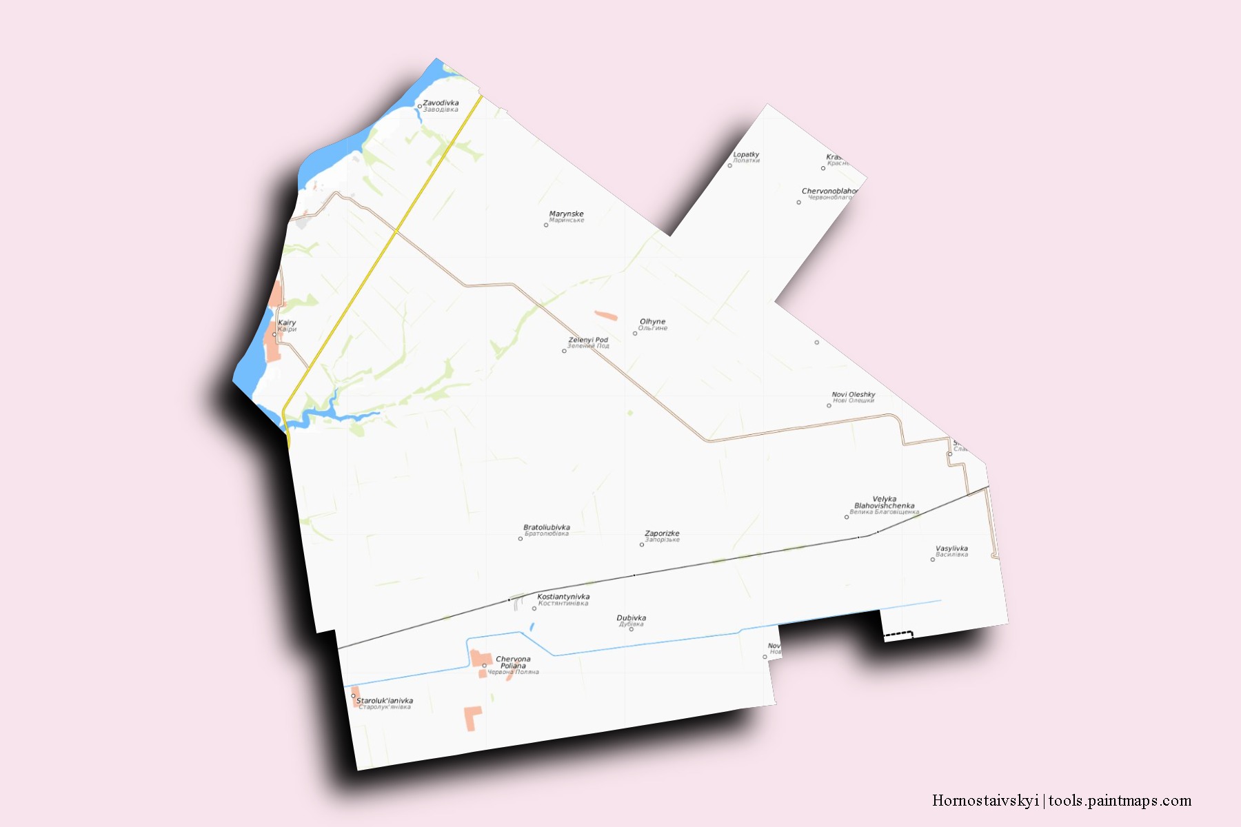 Mapa de barrios y pueblos de Hornostaivskyi con efecto de sombra 3D