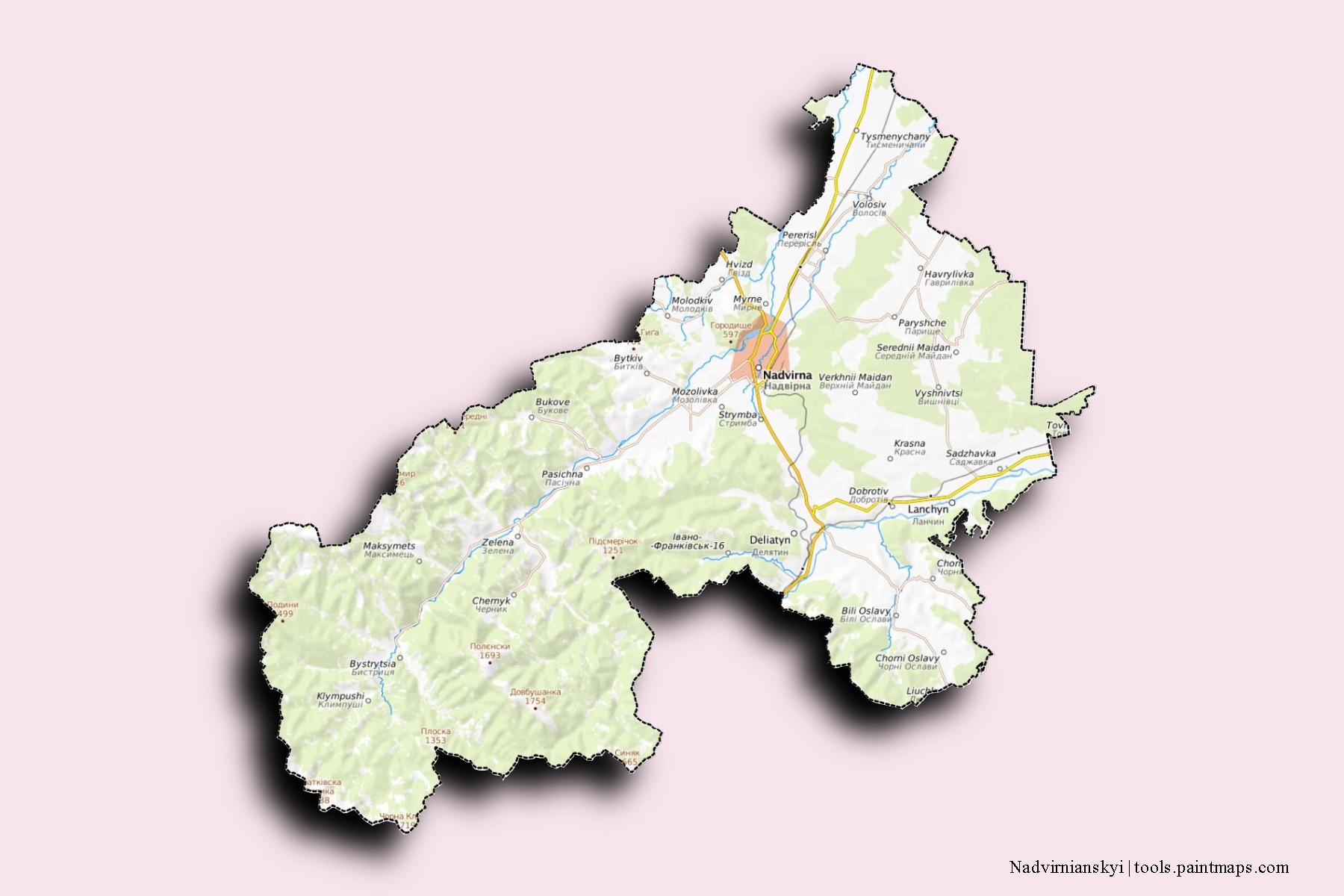 Mapa de barrios y pueblos de Nadvirnianskyi con efecto de sombra 3D