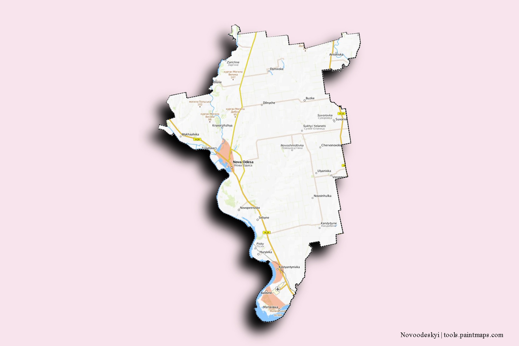 Novoodes'kyi neighborhoods and villages map with 3D shadow effect