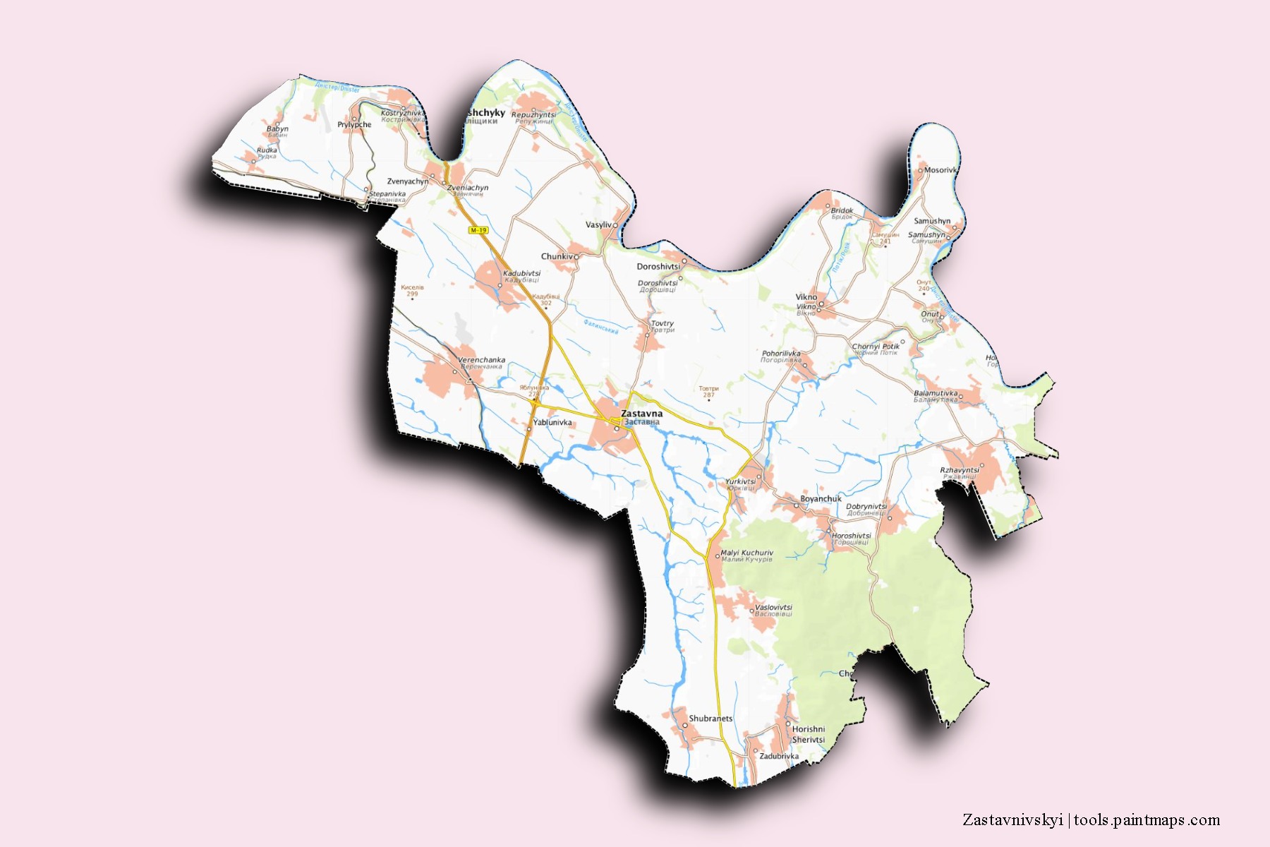 Mapa de barrios y pueblos de Zastavnivskyi con efecto de sombra 3D