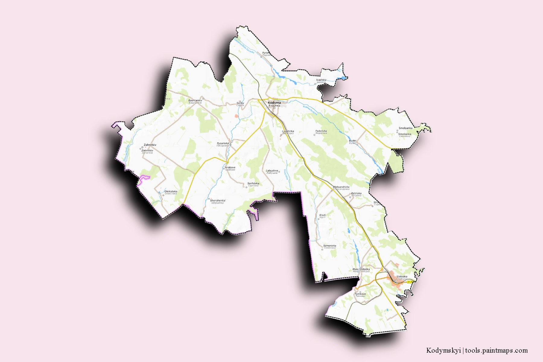 Mapa de barrios y pueblos de Kodymskyi con efecto de sombra 3D