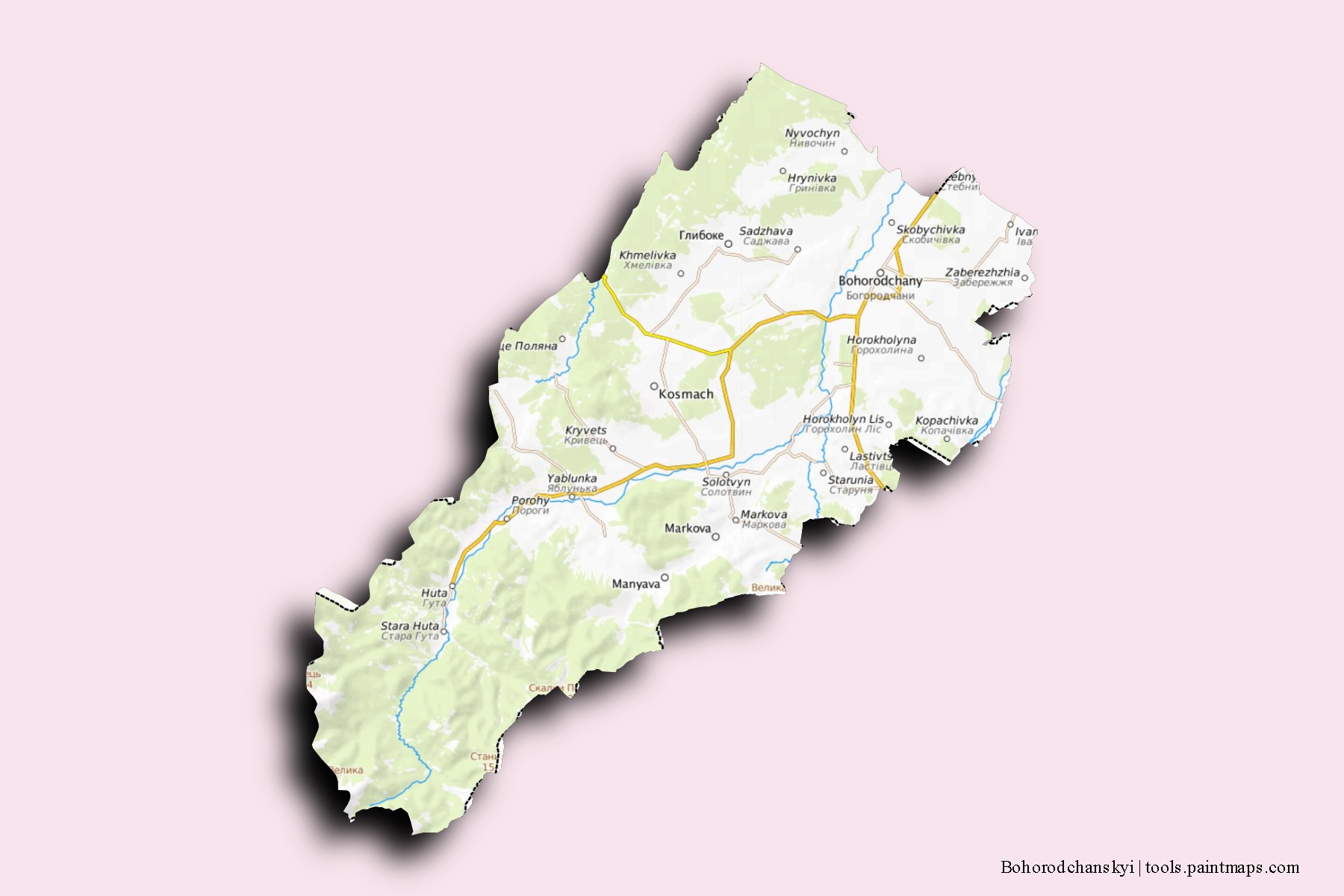 Mapa de barrios y pueblos de Bohorodchanskyi con efecto de sombra 3D