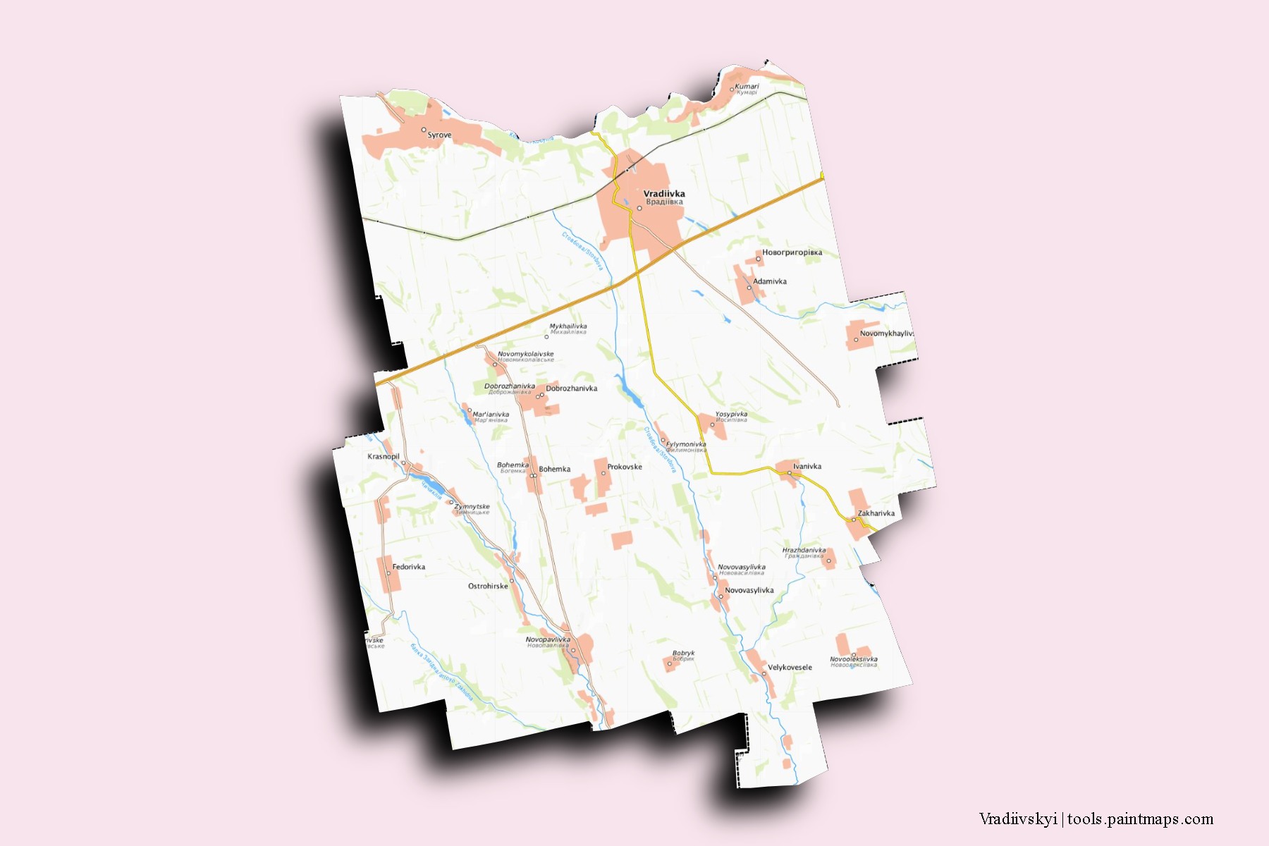 Mapa de barrios y pueblos de Vradiivskyi con efecto de sombra 3D