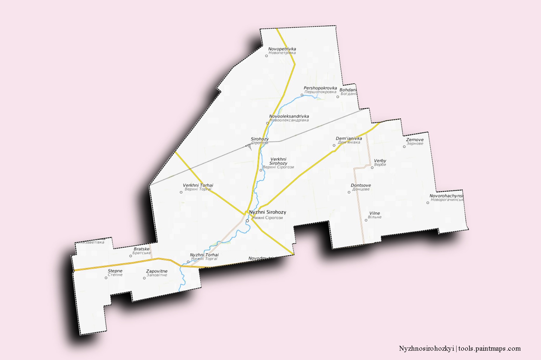 Mapa de barrios y pueblos de Nyzhnosirohozkyi con efecto de sombra 3D