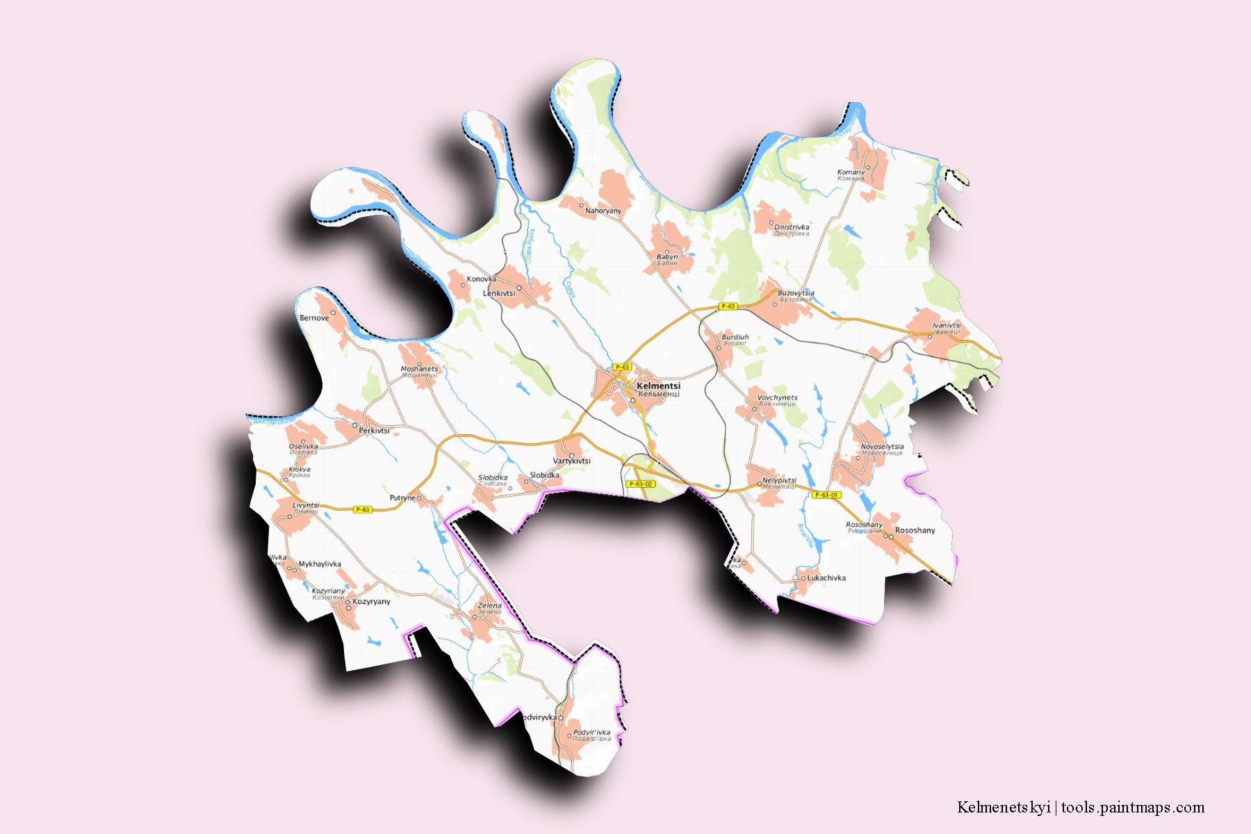 Mapa de barrios y pueblos de Kelmenetskyi con efecto de sombra 3D