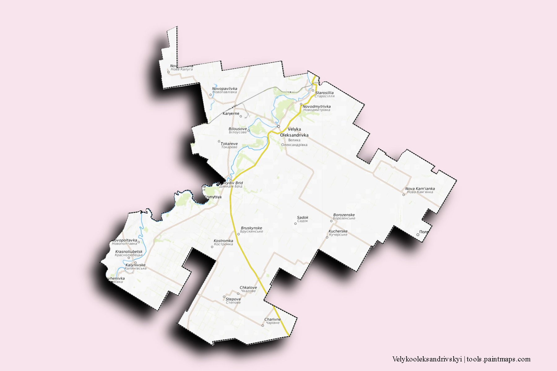 Mapa de barrios y pueblos de Velykooleksandrivskyi con efecto de sombra 3D