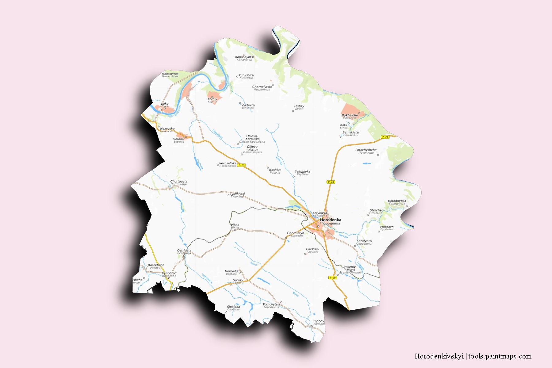 Mapa de barrios y pueblos de Horodenkivskyi con efecto de sombra 3D