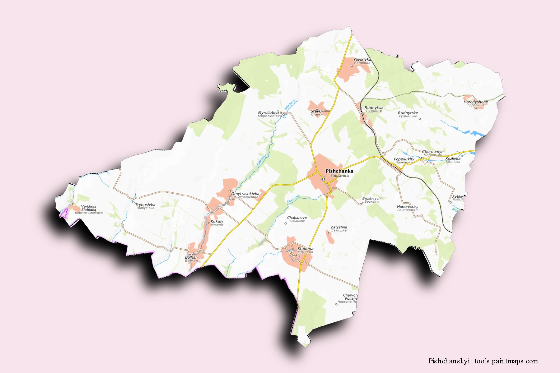 Mapa de barrios y pueblos de Pishchanskyi con efecto de sombra 3D