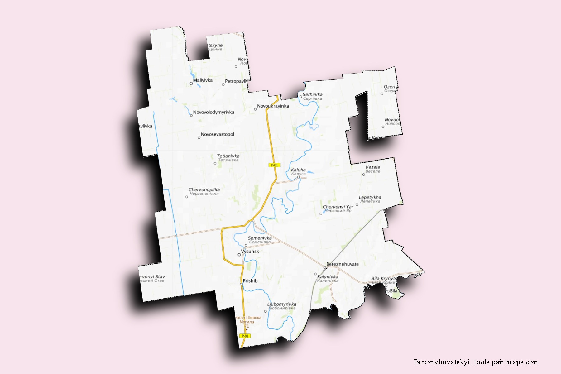 Mapa de barrios y pueblos de Bereznehuvatskyi con efecto de sombra 3D