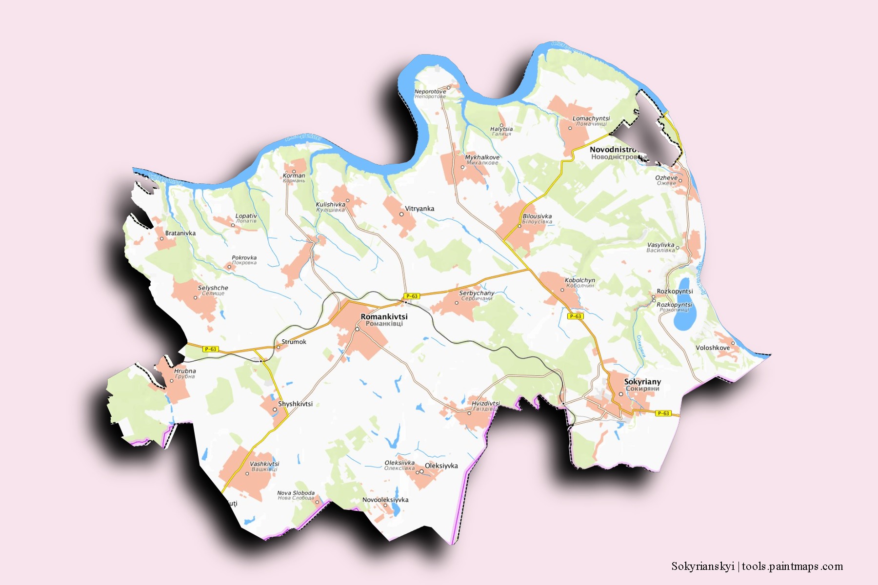 3D gölge efektli Sokyrianskyi mahalleleri ve köyleri haritası