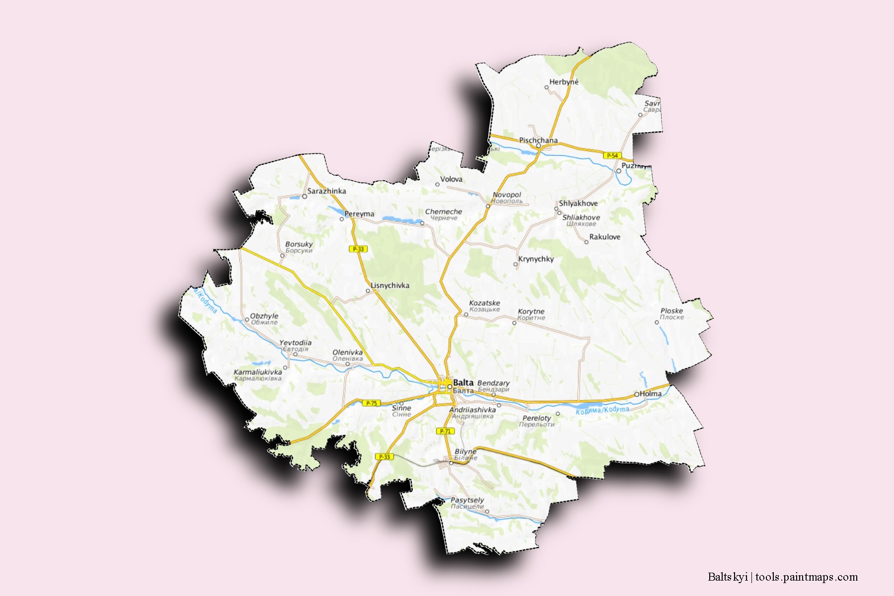 Mapa de barrios y pueblos de Baltskyi con efecto de sombra 3D