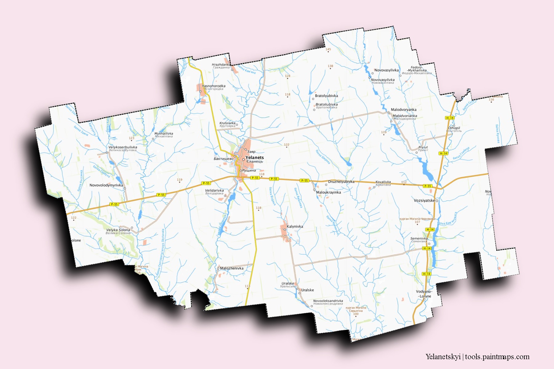 Mapa de barrios y pueblos de Yelanetskyi con efecto de sombra 3D