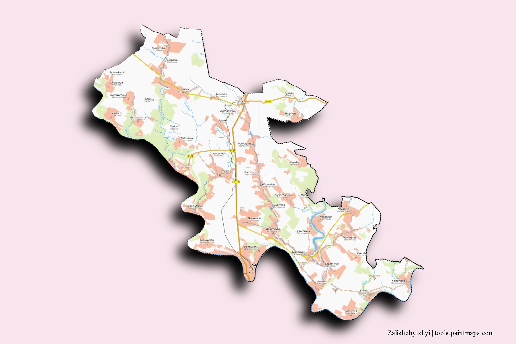 Mapa de barrios y pueblos de Zalishchytskyi con efecto de sombra 3D