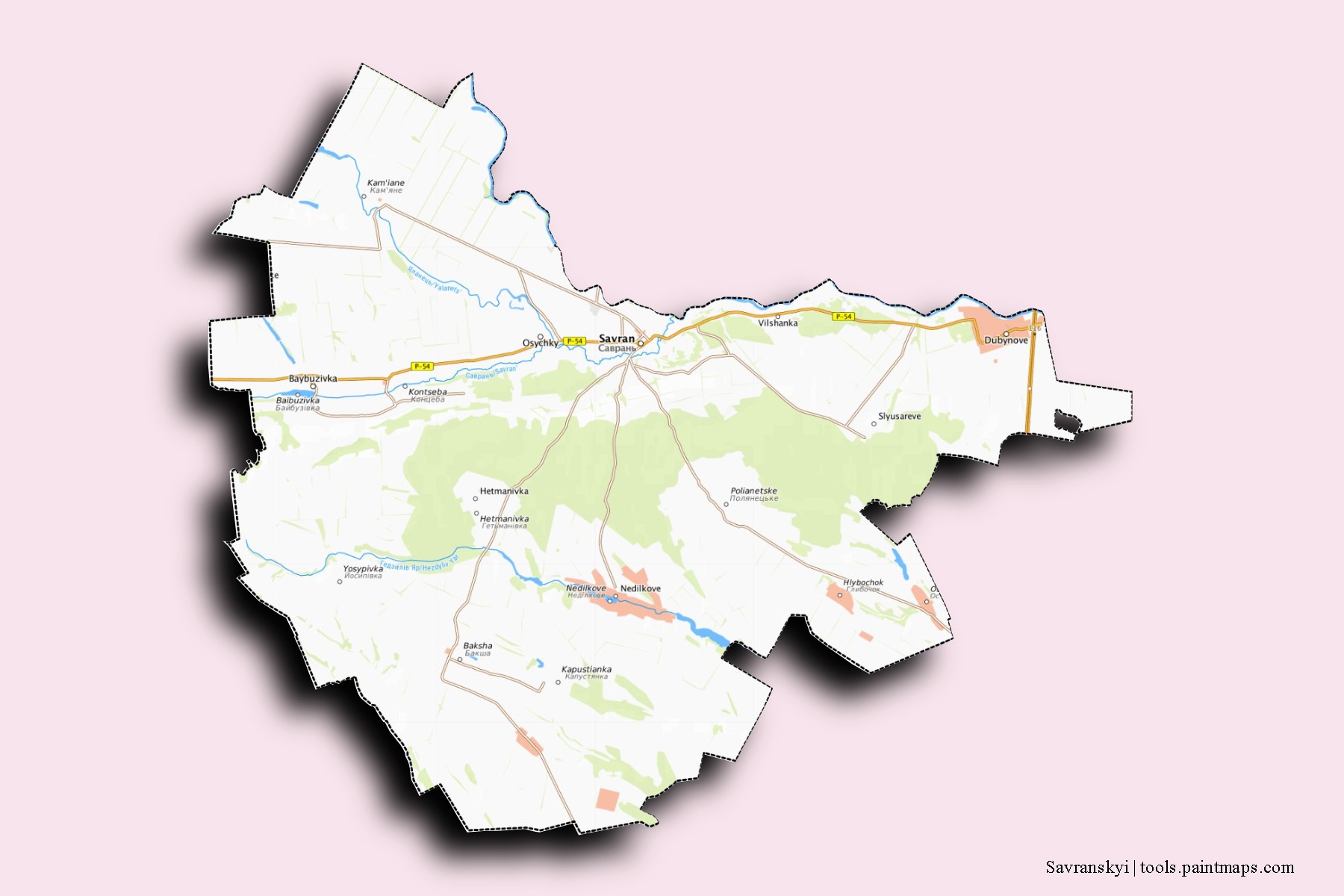 Mapa de barrios y pueblos de Savranskyi con efecto de sombra 3D