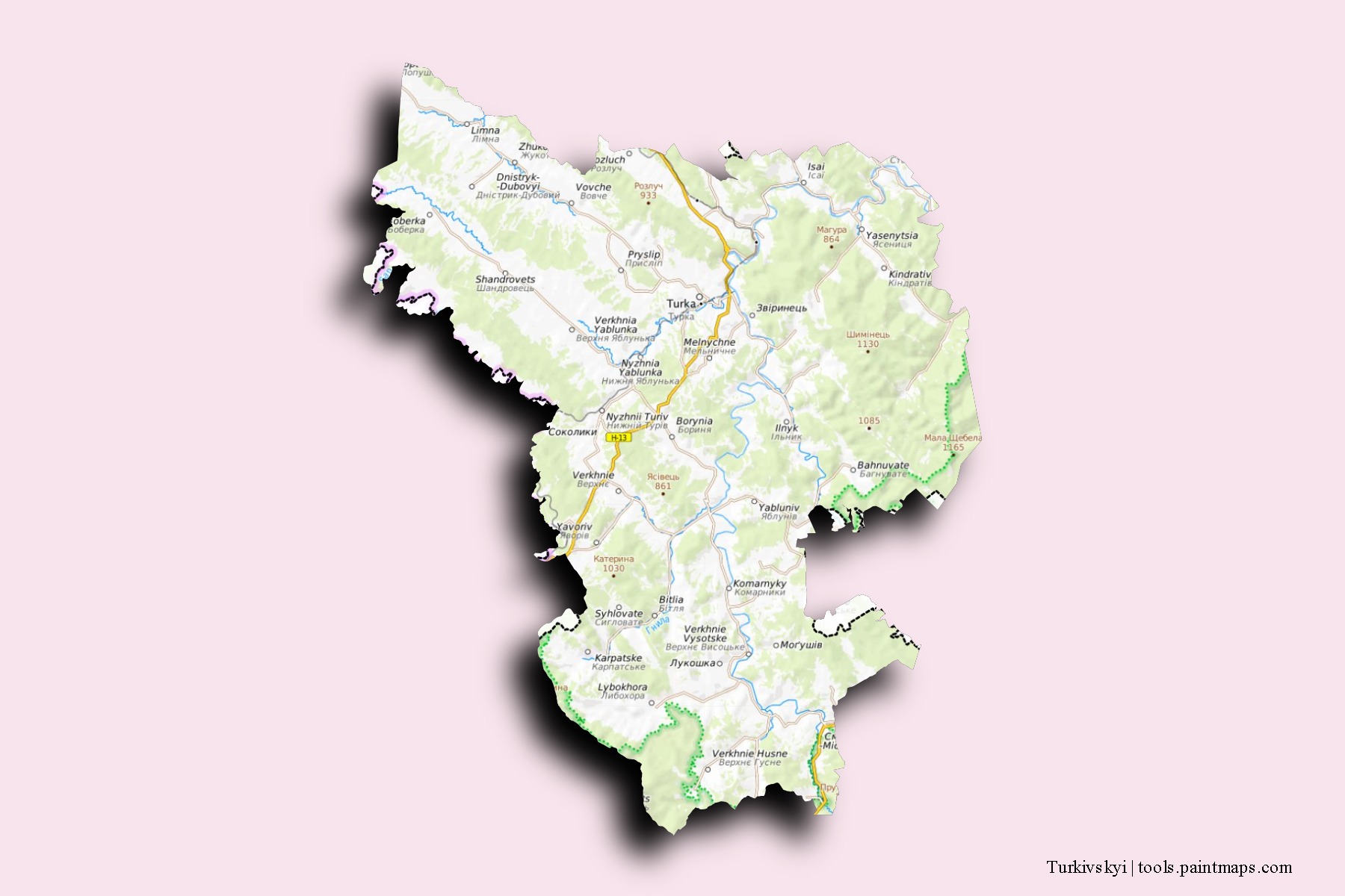 Mapa de barrios y pueblos de Turkivskyi con efecto de sombra 3D