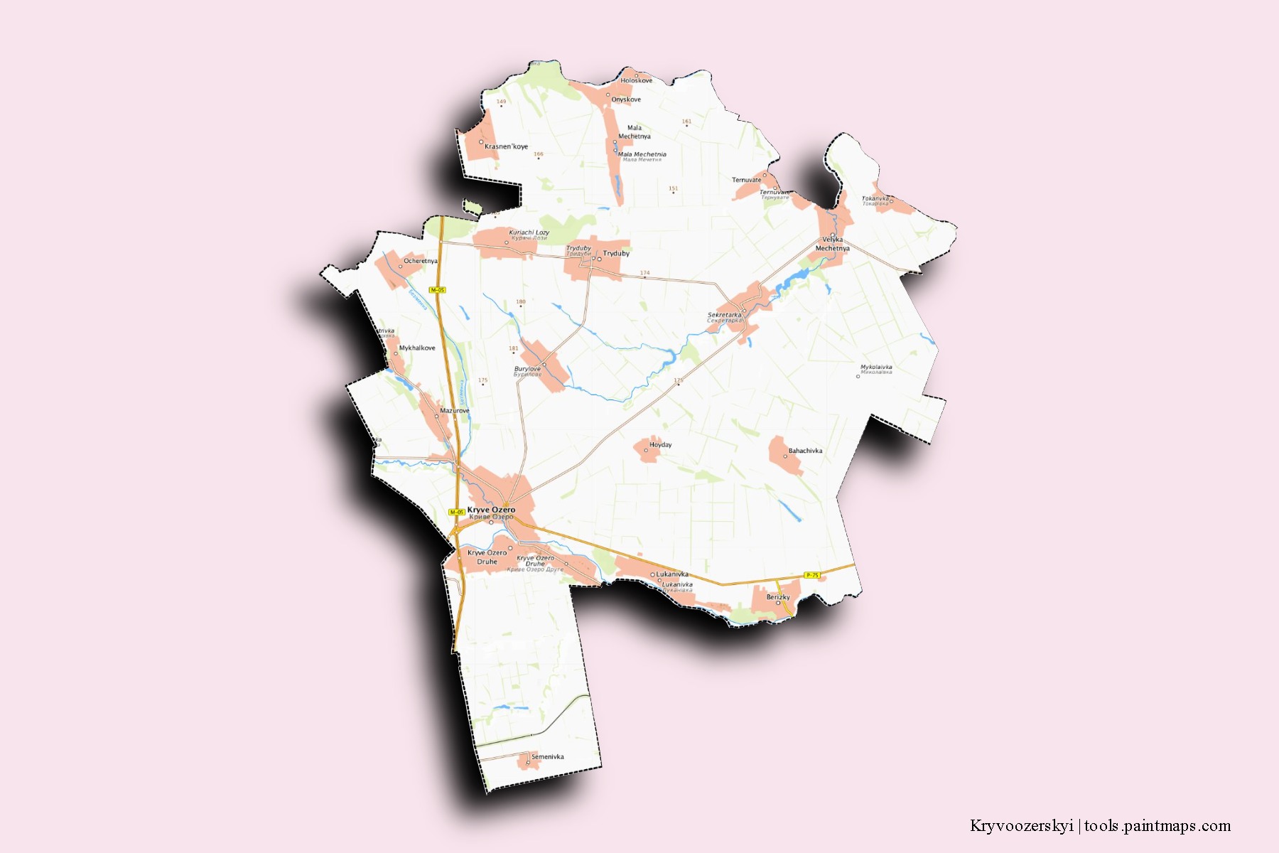 Kryvoozers'kyi neighborhoods and villages map with 3D shadow effect