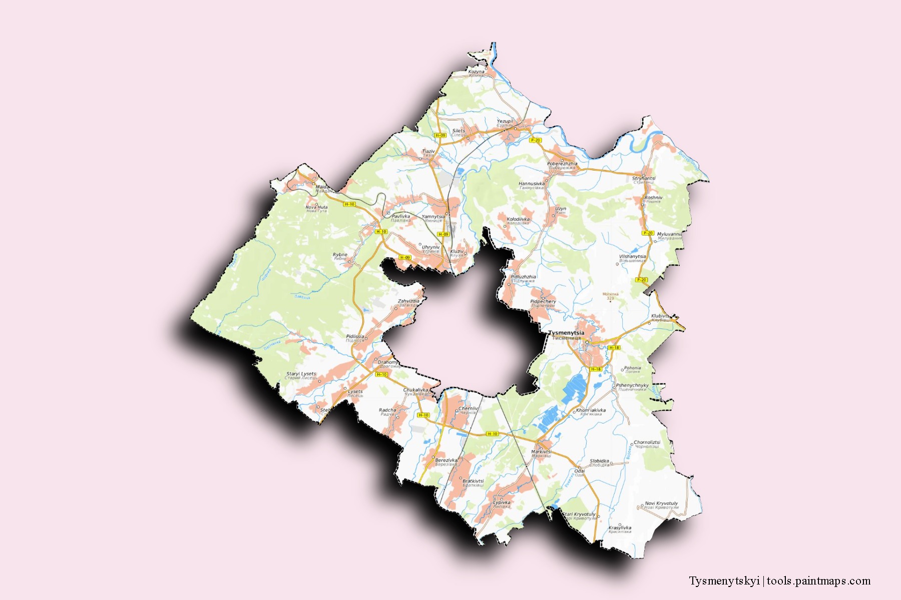 Tysmenyts'kyi neighborhoods and villages map with 3D shadow effect