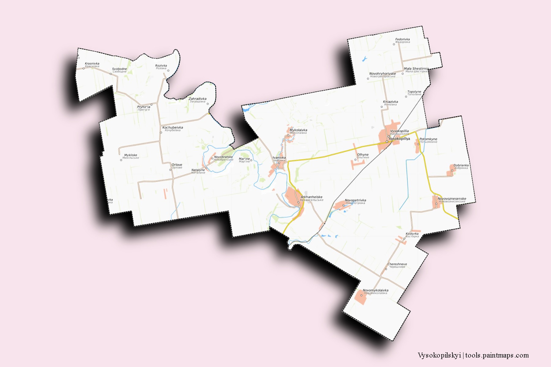 Mapa de barrios y pueblos de Vysokopilskyi con efecto de sombra 3D