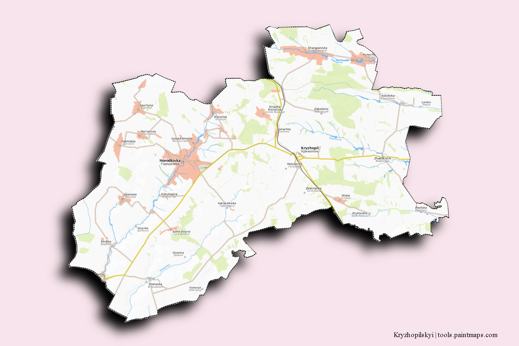 Mapa de barrios y pueblos de Kryzhopilskyi con efecto de sombra 3D