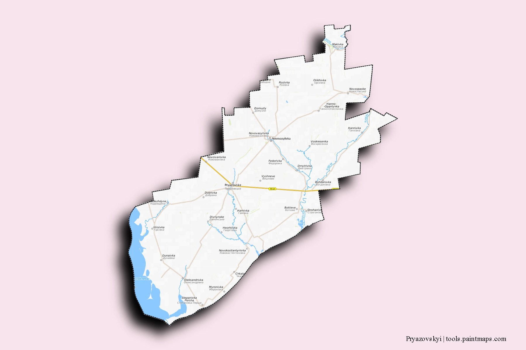 Mapa de barrios y pueblos de Pryazovskyi con efecto de sombra 3D