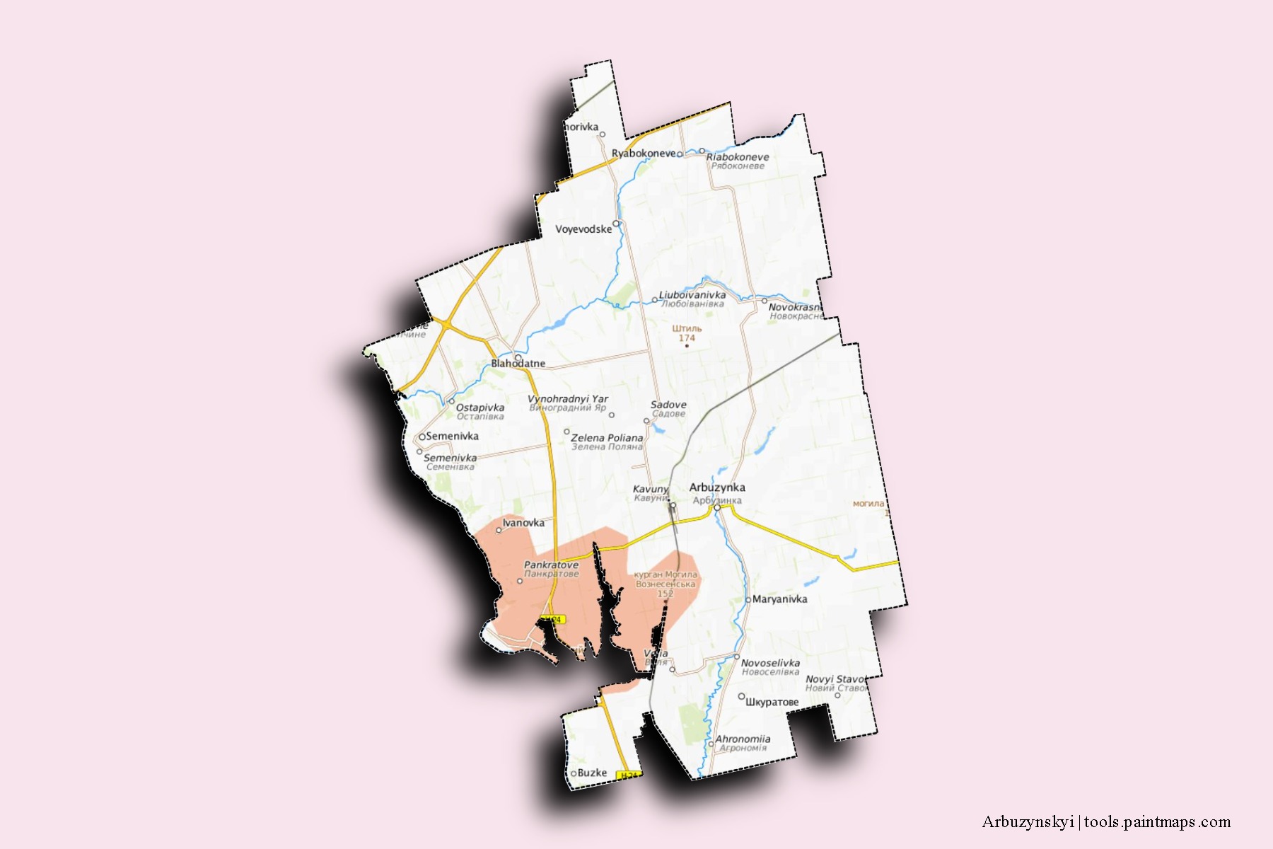Mapa de barrios y pueblos de Arbuzynskyi con efecto de sombra 3D