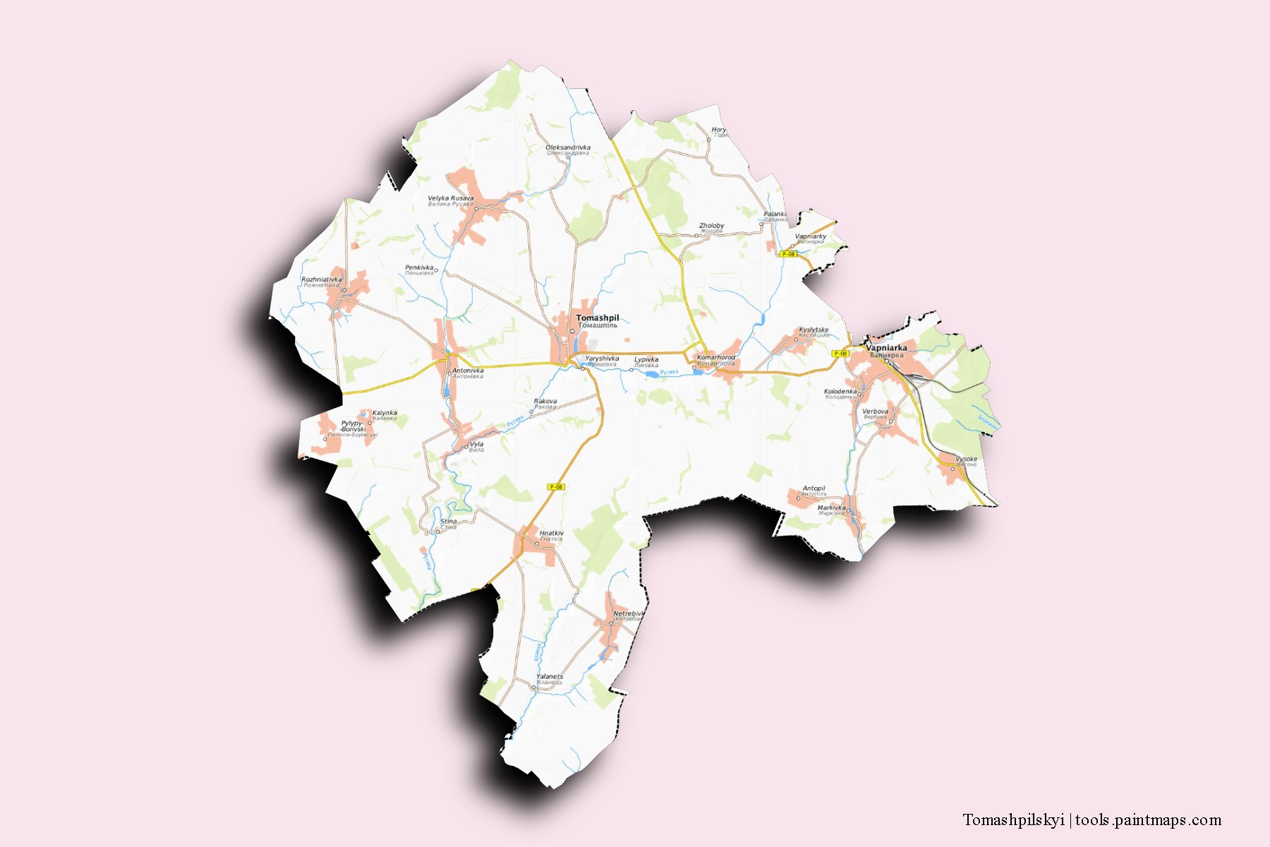 Mapa de barrios y pueblos de Tomashpilskyi con efecto de sombra 3D