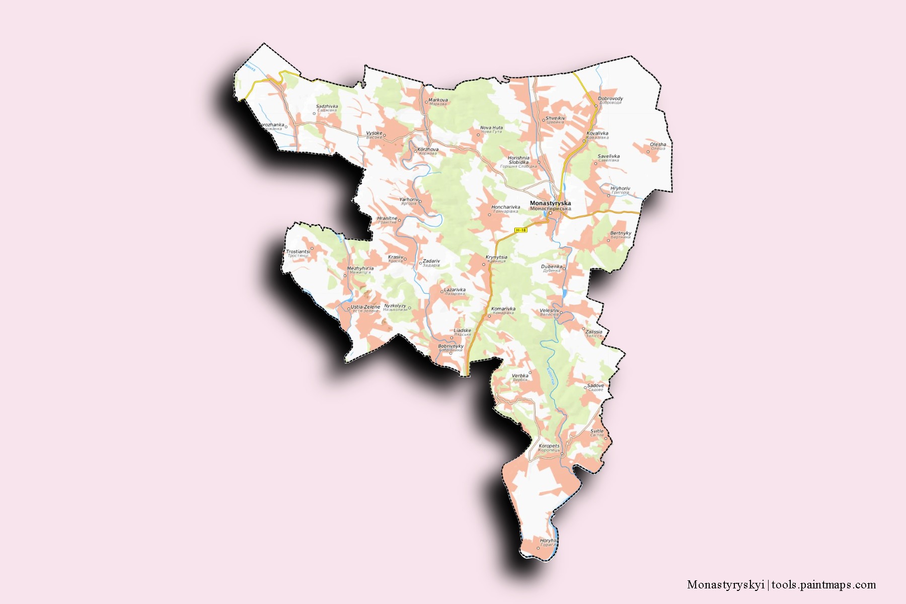 Mapa de barrios y pueblos de Monastyryskyi con efecto de sombra 3D