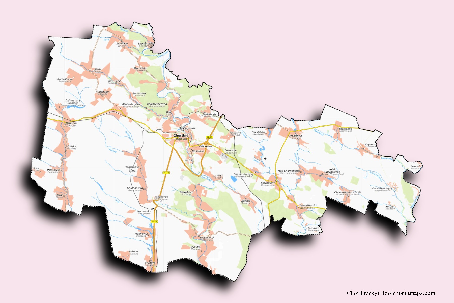 Chortkivs'kyi neighborhoods and villages map with 3D shadow effect