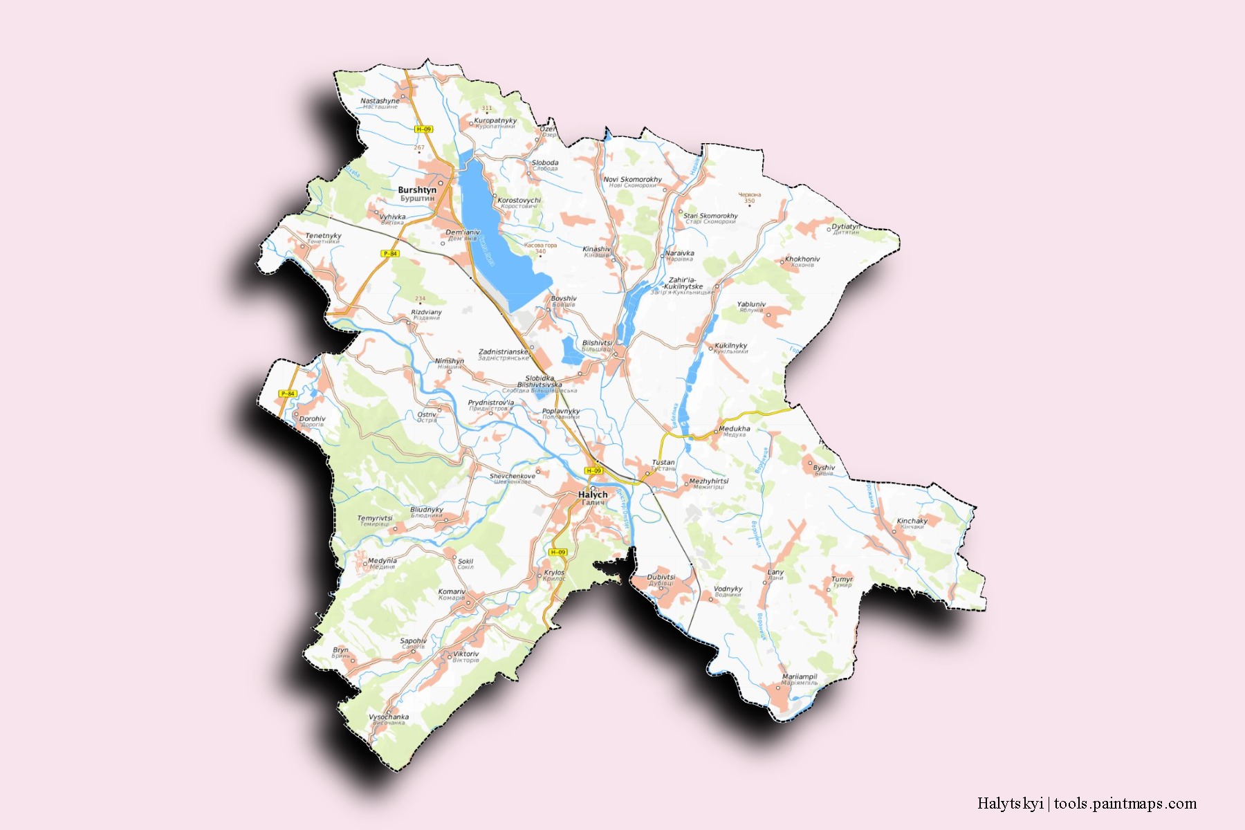 Halyts'kyi neighborhoods and villages map with 3D shadow effect